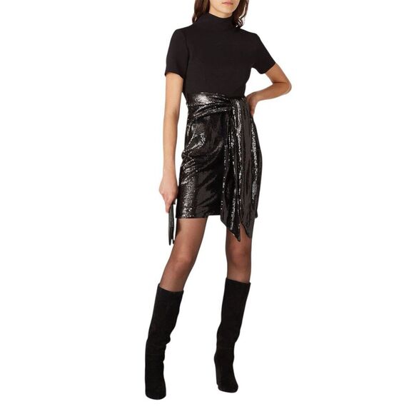 Toccin NY Black Sequin Tie Front Mock Neck Mini Dress 8 - Picture 1 of 6